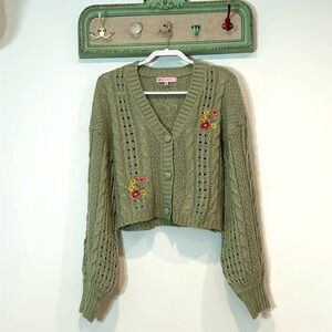 Crave Fame fisherman cable knit embroidered cardigan sweater sage green size XL